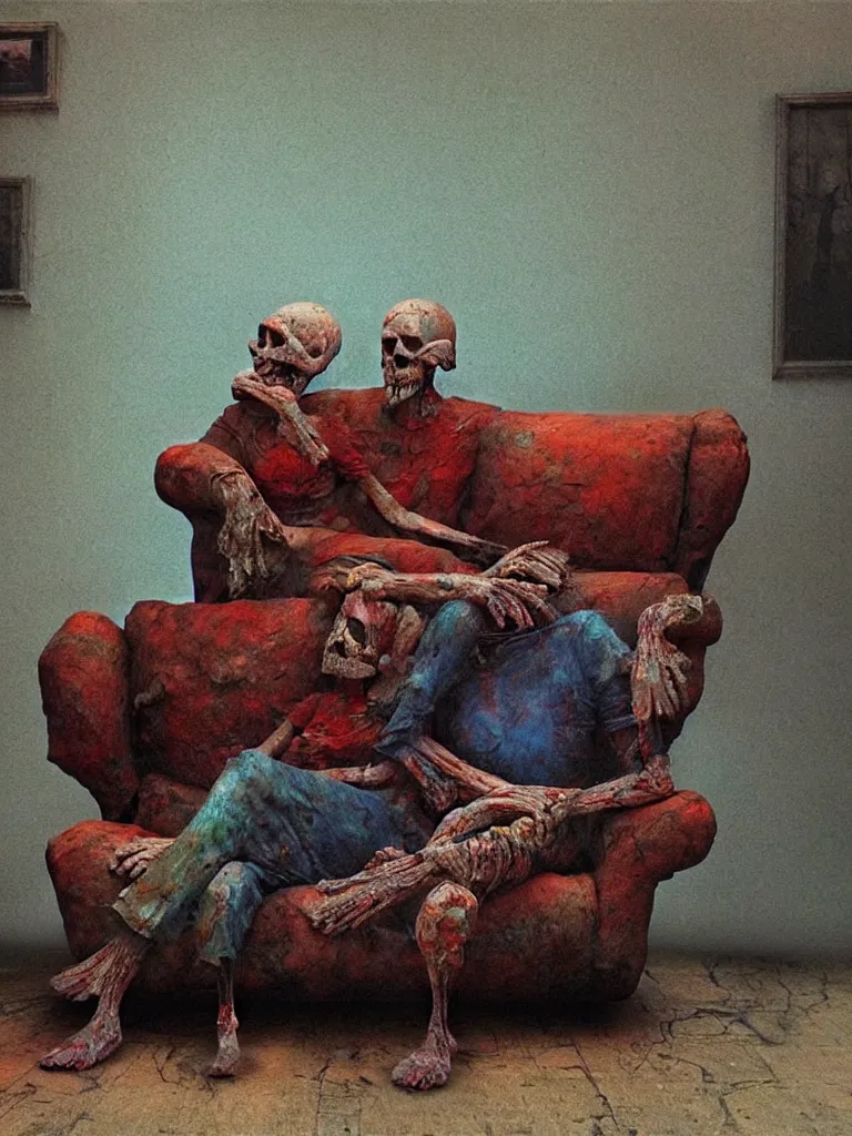 Image similar to photo of a very old dead couple sitting on a couch, psx game graphics , Beksinski painting, part by Adrian Ghenie