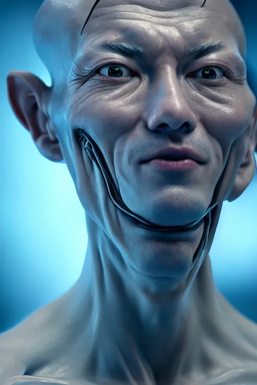 Image similar to hyperrealistic close-up rococo biomechanic! chinese man highly detailed concept art eric zener elson peter cinematic blue lighting high angle hd 8k sharp shallow depth of field