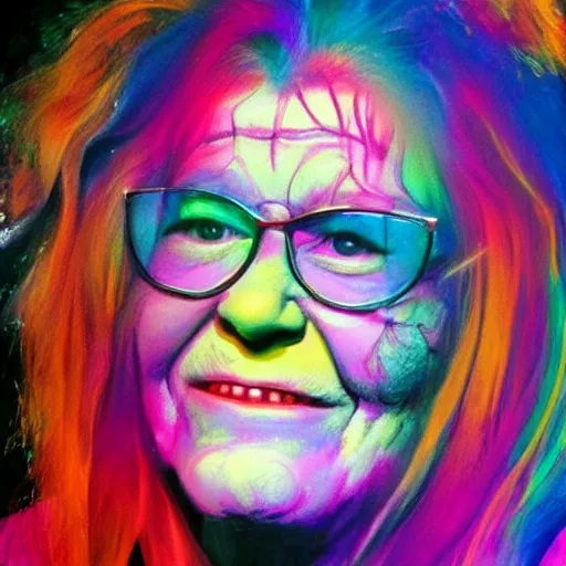 Image similar to portrait of janice joplin in psychedelic colors, painted by pablo amaringo