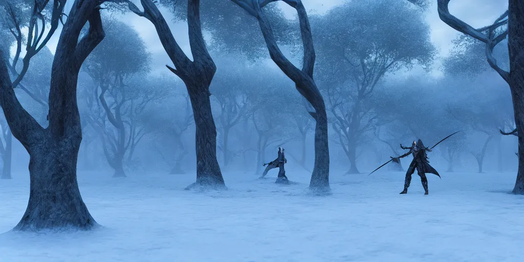 Image similar to fantasy! drizzt do'urden, winter trees, rapier, combat, fighting, duel, hyperrealism, 8 k octane render, inspired by tyler jacobson