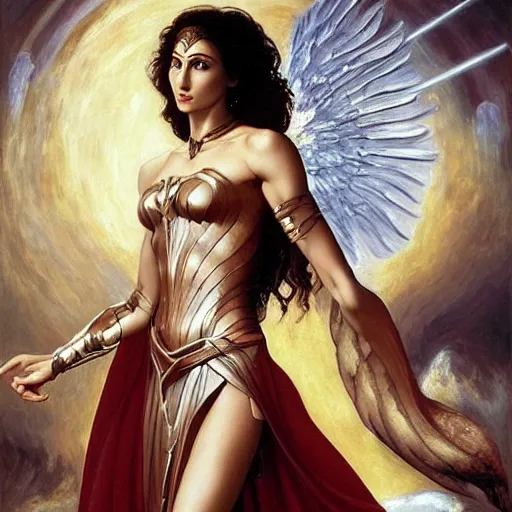 Image similar to Full body oil painting of the beautiful goddess Gal Gadot as Artemisa, she is wearing roman clothes and a surreal jewelry, her hair is natural disheveled, she is approaching heaven over the clouds, naturalism, dramatic lighting, high-detailed oil painting by Ilya Repin, Michelangelo da Caravaggio, William Blake, Alex Grey and Beksinski, trending on Artsation, hystorical painting, naturalism, masterpiece, 4k, 8k,
