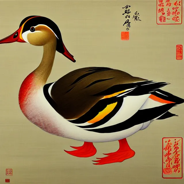 Image similar to a beautiful painting the mandarin duck in the lotus, by zhang daqian painting