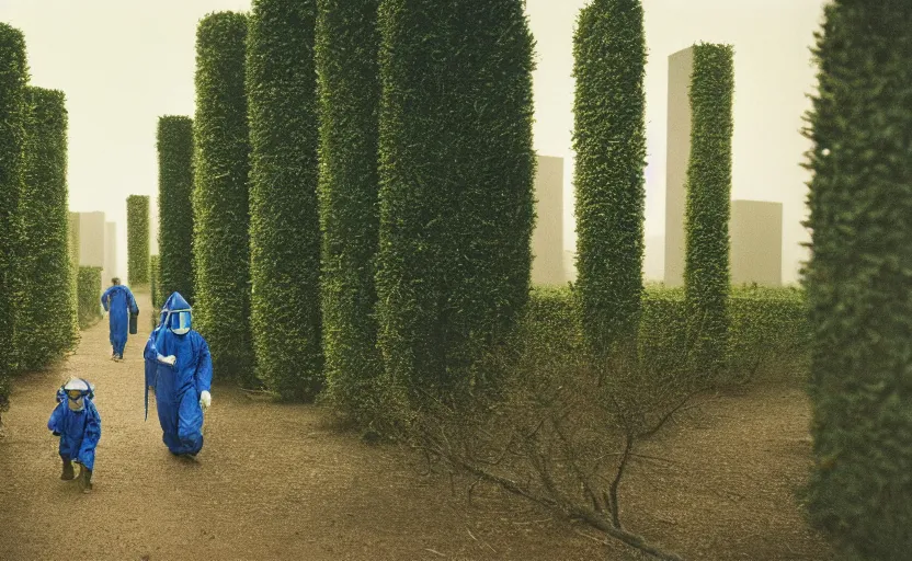 Image similar to cinestill 5 0 d photographic portrait by helen levitt of evil hazmat scientists walking through a brutalist hedge maze, extreme closeup, cinematic, modern cyberpunk, dust storm, 8 k, hd, high resolution, 3 5 mm, f / 3 2