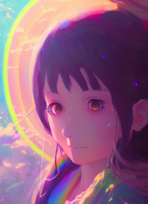 Prompt: portrait of a cute wizard girl, very psychedelic rainbow space background illustration concept art anime key visual trending pixiv fanbox by wlop and greg rutkowski and makoto shinkai and studio ghibli and kyoto animation