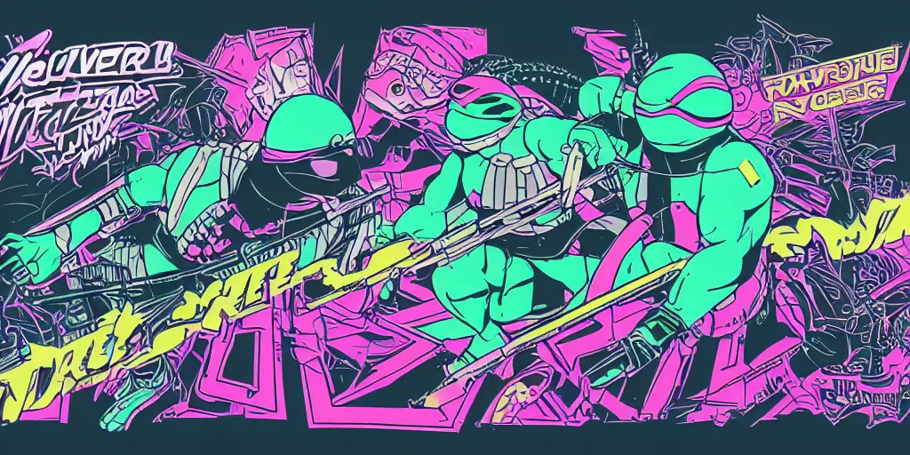 Prompt: vaporwave, vector graphics, ninja turtles, shredder, synthwave, neon