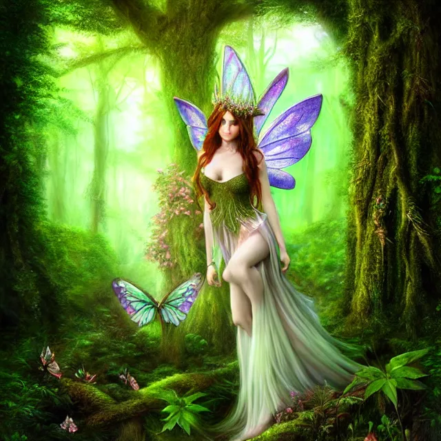 Image similar to beautiful fairy queen in an ethereal forest, highly detailed, 8 k, hdr, anne stokes, photorealistic