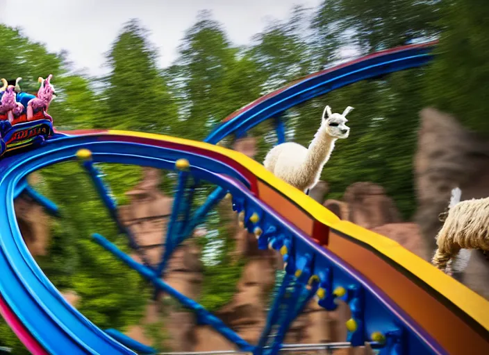 Image similar to film still of a llama riding a roller coaster in disneyland paris, 8 k