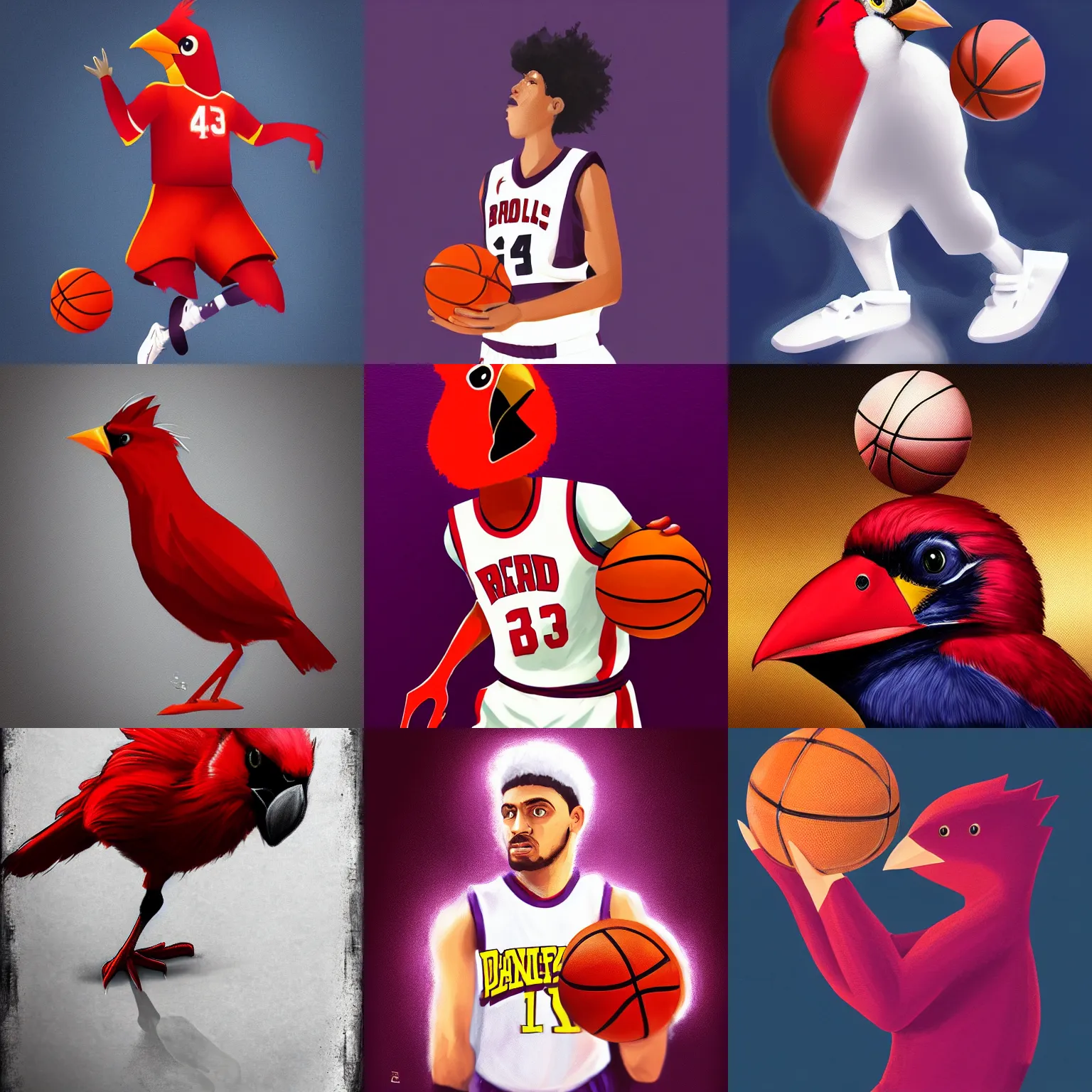 Prompt: a red bird wearing a white basketball uniform holding a basketball, dark purple background, digital painting, artstation, high quality, detailed