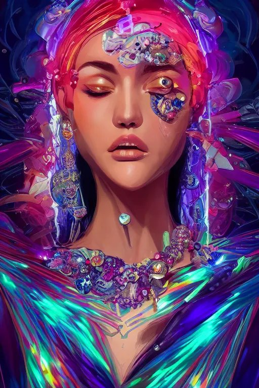 Image similar to maximalist detailed gemstone elemental portrait by adoryanti, machine. delusions, holosomnia, electrixbunny, rendered in discodiffusion. decorated with pearls and gems, behance hd. by wlop, rhads, makoto shinkai, ilya kuvshinov, igor goryunov artgerm. ray tracing hdr radiating a glowing aura