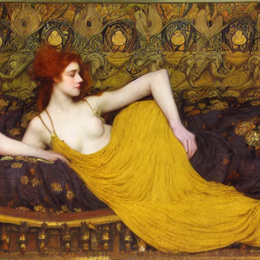 Image similar to preraphaelite photography reclining on bed, a hybrid of judy garland and eleanor of aquitaine, aged 2 5, big brown fringe, yellow ochre ornate medieval dress, john william waterhouse, kilian eng, rosetti, john everett millais, william holman hunt, william morris, 4 k