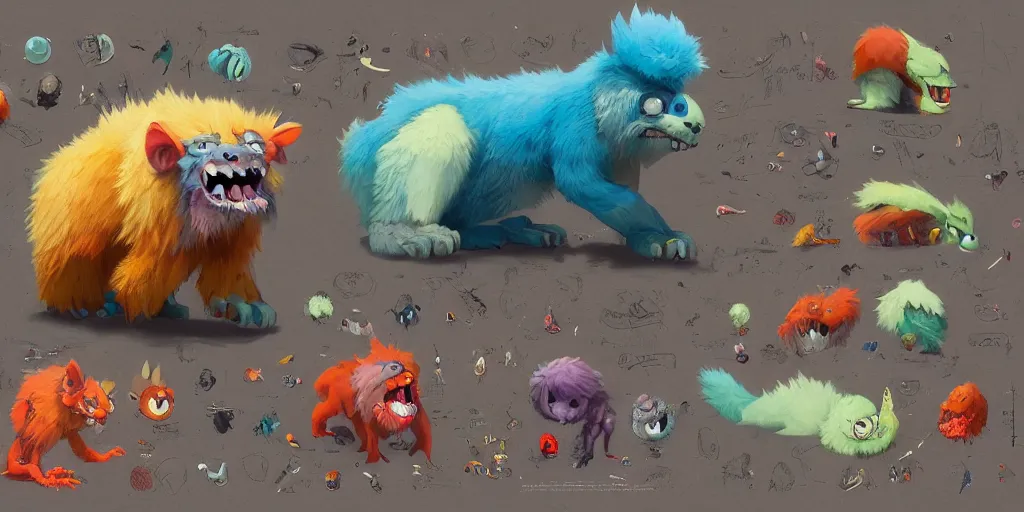 Image similar to big friendly furry monster design, colorful, character sheet, concept design, greg rutkowski, zabrocki, karlkka, jayison devadas, trending on artstation, 8 k, ultra wide angle, zenith view, pincushion lens effect