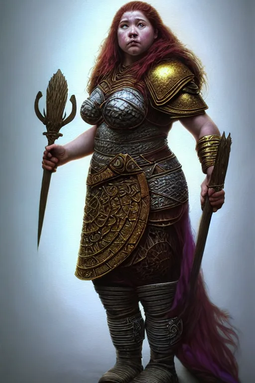 Image similar to hyperrealistic mixed media painting of a female dwarven cleric, chubby short stature, d&d, full body, stunning 3d render inspired art by P. Craig Russell and Barry Windsor-Smith + perfect facial symmetry + dim volumetric lighting, 8k octane beautifully detailed render, post-processing, extremely hyperdetailed, intricate, epic composition, grim yet sparkling atmosphere, cinematic lighting + masterpiece, trending on artstation, very very detailed, masterpiece, stunning