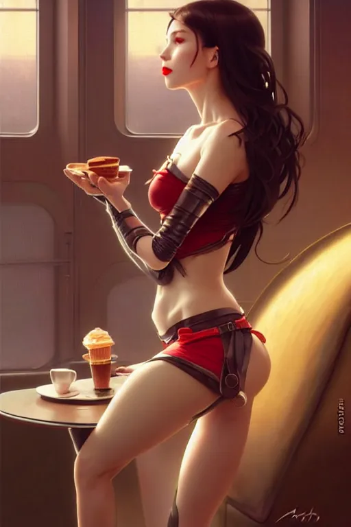 Prompt: an attractive serene cute android in a cafe, partially human , partially biomedical design , natural atmosphere, great high details, red lips with sexy stockings, highly realistic, cinematic lighting, intricate, elegant, super highly detailed, art station, concept arD, beautiful, delicate, art by artgerm and greg rutkowski and alphonse mucha and loish and WLOP