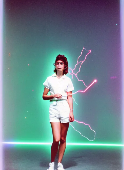 Prompt: realistic photo portrait of a a scientist girl dressed in white shorts, at glowing laser beams in a grey sky, covered with electricity, 1 9 9 0, life magazine photo, natural colors, museum collection, kodak