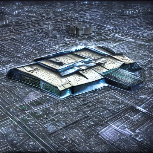 Image similar to an aerial photograph of the pentagon, cyber punk style, digital art