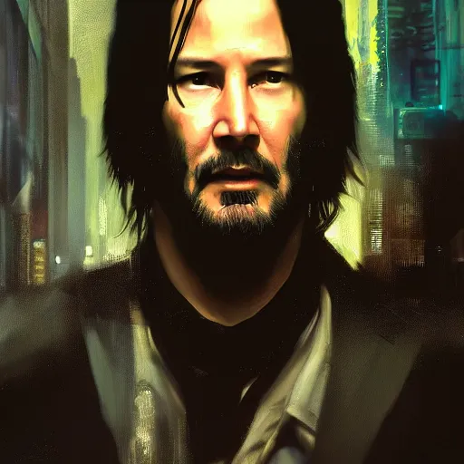 Image similar to keanu reeves, hyperrealistic portrait, bladerunner street, art of elysium by jeremy mann and alphonse mucha, fantasy art, photo realistic, dynamic lighting, artstation, poster, volumetric lighting, very detailed face, 4 k, award winning