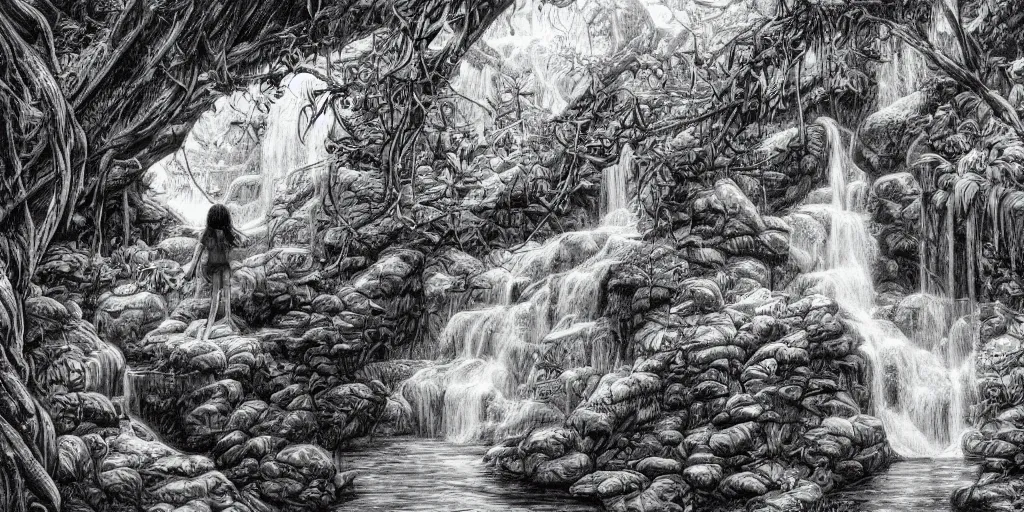 Prompt: girl looking at a waterfall, superwide angle, intricate, highly detailed, illustration, art by Leon Bosko