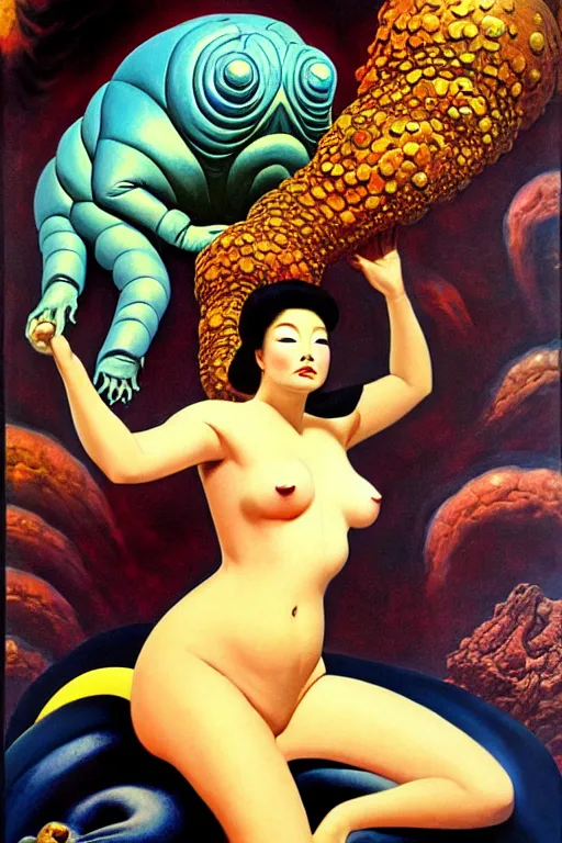 Image similar to a queen on top of a giant tardigrade retro japanese monster slimy leather, oil painting, 7 0 s vintage art, by georgia o keeffe, by gustave dore, by frank frazetta, nausicaa