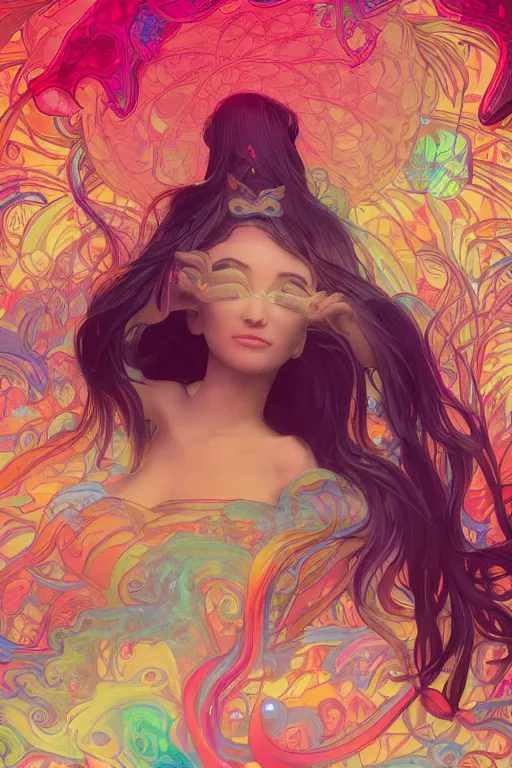 Image similar to a gorgeous woman surrounded by colorful liquid clouds and neon smoke, extremely detailed, super psychedelic experience, psilocybin, dmt, lsd, face, highly detailed, artstation, alphonse mucha, hana yata, and artem demura and beeple, octane render, unreal engine, 8 k