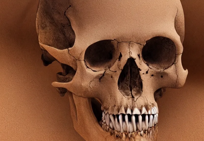 Prompt: close shot of a human skull buried in the sahara desert sand, a realistic digital painting by greg rutkowski and james gurney, trending on artstation, highly detailed