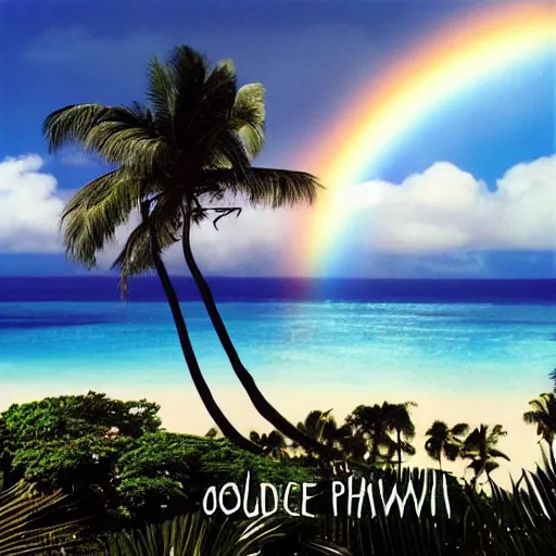 Image similar to miracle musical Hawaii part ii album cover, showing an ocean in the background, spiral transparent stairs on the left with tall palm trees behind it, a slight rainbow in the background, white outline border, moon in the right top area black and white except for the rainbow album cover