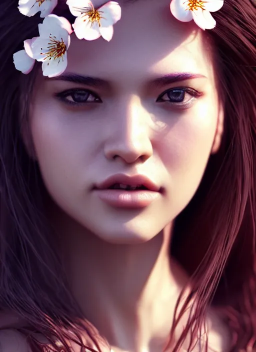 Image similar to photo of a gorgeous female with messy hair in the style of stefan kostic, realistic, body shot, sharp focus, 8 k high definition, insanely detailed, intricate, elegant, art by stanley lau and artgerm, cherry blossoms