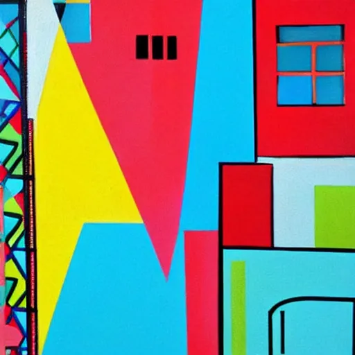 Prompt: colorful painting, classic tel aviv 3 - story apartment, bauhaus architecture, picasso style, portrait