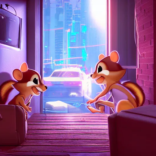 Image similar to Chip and Dale chipmunks in the apartment room in a cyberpunk city, soft god rays from city lights outside the window, unreal engine 5, soft neon atmosphere, photorealistic, soothing colors, somber melancholic matte painting, hyperrealism, hyperrealistic, cinematic masterpiece, cyberpunk style 8k ultrahd octane render