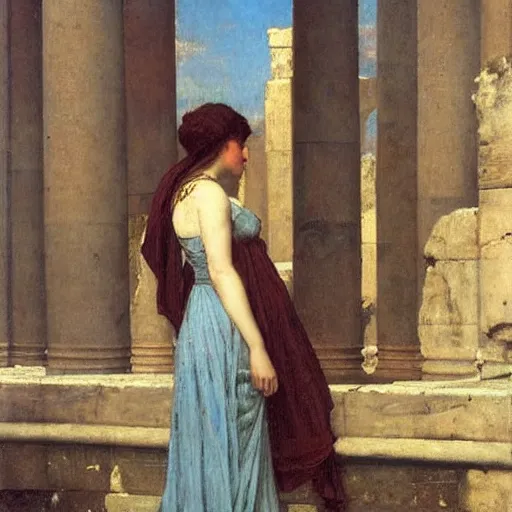 Prompt: beautiful woman at the erechtheion by arnold bocklin, herbert james draper. oil on wood 1 9 0 0. intricate details. minimalist. ambient lighting.