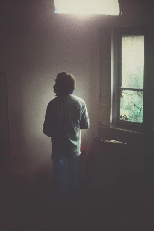 Image similar to agfa vista 4 0 0 photograph of a guy standing in a cluttered 9 0 s bedroom, flower crown, back view, lens flare, moody lighting, moody vibe, telephoto, 9 0 s vibe, blurry background, grain, tranquil, calm, faded!,