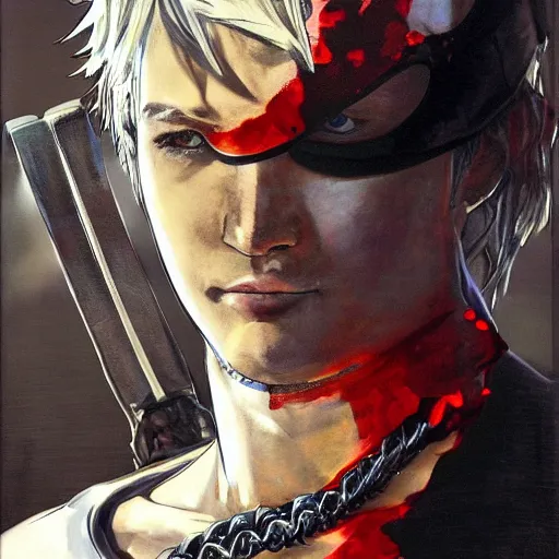 Image similar to portrait of a young white hero using his right arm to hold his sword covering his eye by yoji shinkawa, high quality, extra details, realism, ornate, colored, golden chain, blood, white skin, short hair, brown eyes, vivid, sunlight, headband, eyepatch, white american soldier, painting, cybernetics, military