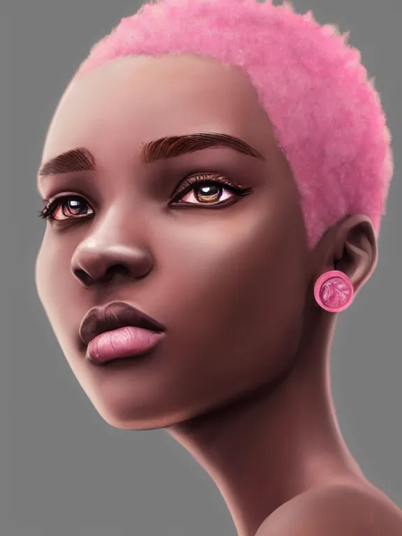 Prompt: beautiful nigerian girl with short pink hair and nose piercing, pink eye liner, thin round earrings, winds of winter, hyper detailed, digital art, trending in artstation, cinematic lighting, studio quality, smooth render, octane rendered, concept art, sharp focus, illustration, art by artgerm and greg rutkowski and wlop