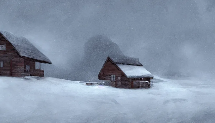 Image similar to A Snowplow!! clearing a beautiful snowy landscape with a small hut in the background. A blizzard and heavy snow falls. Fog and mist, highly detailed, concept art, digital art, 4k, high snow