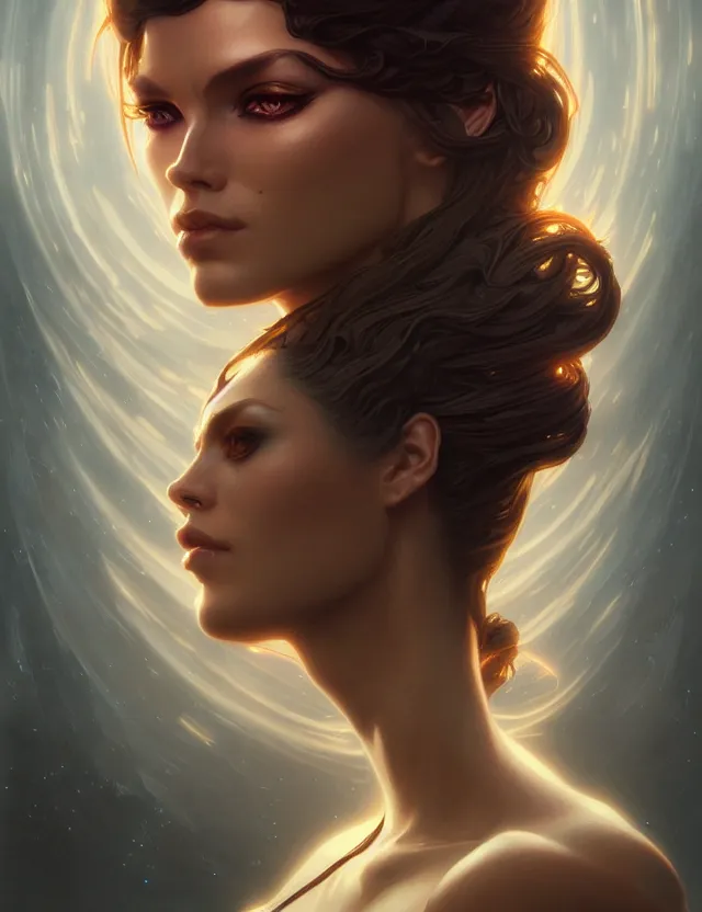 Image similar to futuristic woman portrait, sci-fi, amber eyes, face, long hair, fantasy, intricate, elegant, highly detailed, digital painting, artstation, concept art, smooth, sharp focus, illustration, art by artgerm and greg rutkowski and alphonse mucha