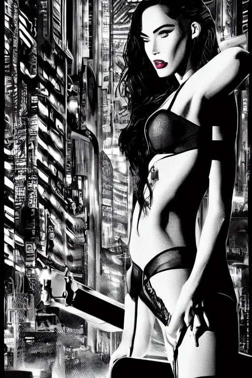 Prompt: film still from sin city, closeup portrait of film noir megan fox private detective, standing on a blade runner street corner, detailed illustration, digital art, trending on artstation, frank miller, martin ansin, movie poster,