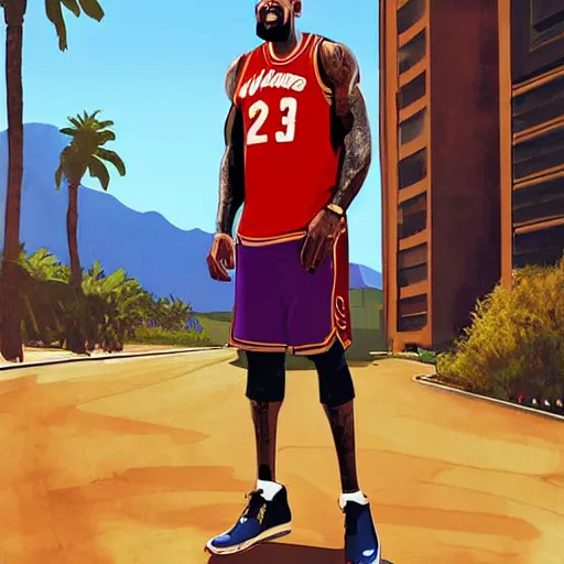 Image similar to happy lebron james wearing a plain tshirt, gta v cover art, art by stephen bliss, matte painting