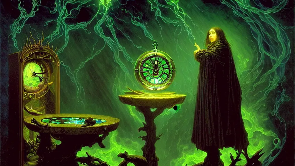 Prompt: the arcane watchmaker by albert bierstadt and gerald brom and dan mumford, floating metallic objects, blue flames, low light, glowing green crystals