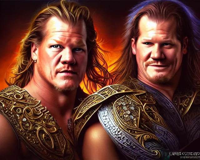 Image similar to chris jericho y 2 j wwf wwe wrestler lionheart, deep focus, d & d, fantasy, intricate, elegant, highly detailed, digital painting, artstation, concept art, matte, sharp focus, illustration, hearthstone, art by artgerm and greg rutkowski and alphonse mucha