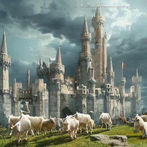 Image similar to a herd of goats! in a beautiful fantasy castle made from white stone and bright copper, medieval city, metropolis, magic, tall towers, gorgeous clouds, white marble, god rays, digital art, fantasy art, octane render, unreal engine, high detail, very realistic, by greg rutkowski. by james gurney