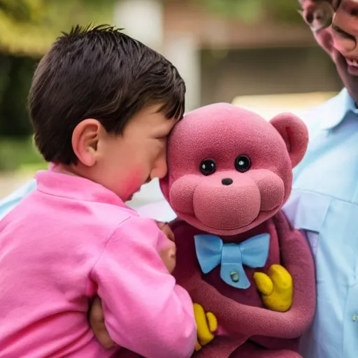 Image similar to little boy being taken away from family by a pink monkey wearing a black tie