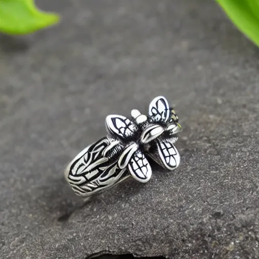 Image similar to a bee - patterned silver stone ring, realistic, high detailed, light colors