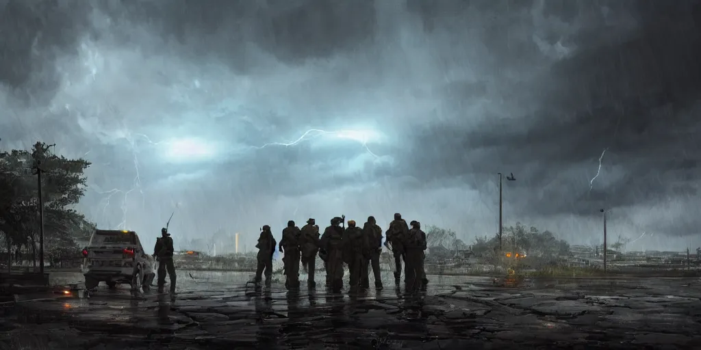 Image similar to private military company operatives standing outside immigration check point with severe weather storms behind, cinematic, realistic, detailed, intricate, digital art, ambient lightning, by jordan grimmer, industrial art style, 3 5 mm film grain, artstation