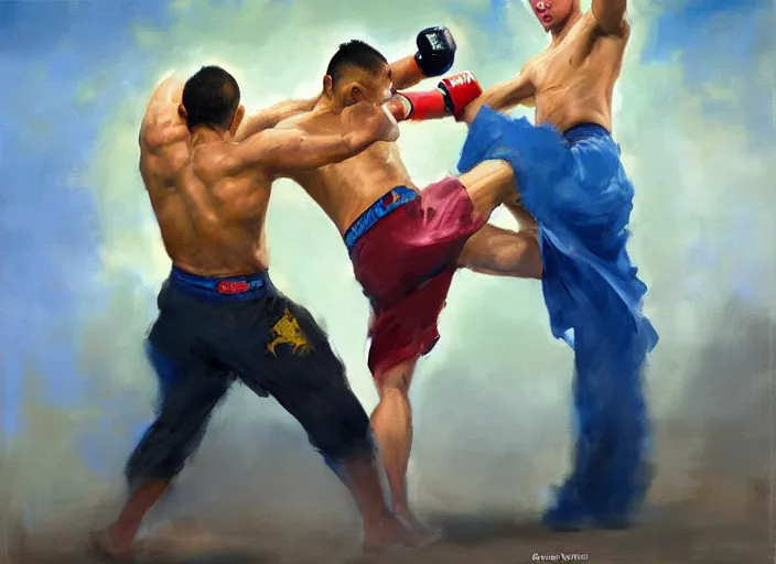 Image similar to greg manchess painting of a filipino mma fighter in a swordfight with a blond man in a blue suit, organic painting, sunny day, matte painting, bold shapes, hard edges, street art, trending on artstation, by huang guangjian, gil elvgren, ruan jia, randy vargas, greg rutkowski