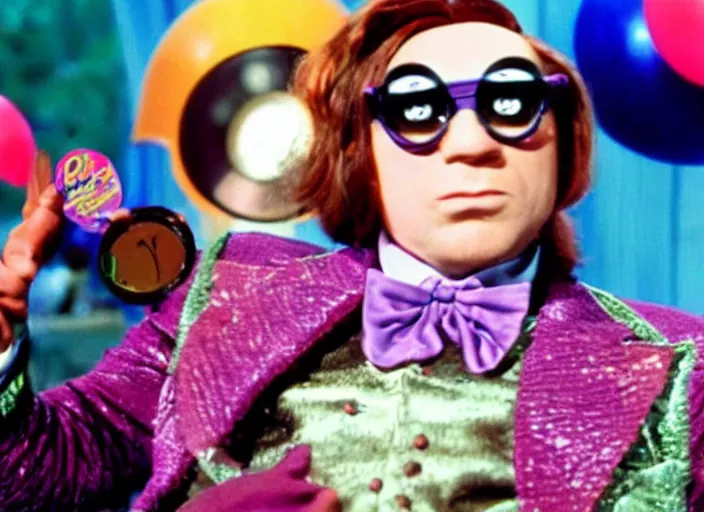 Prompt: film still of Tekashi 69 as Willy Wonka in Willy Wonka and the Chocolate Factory 1971