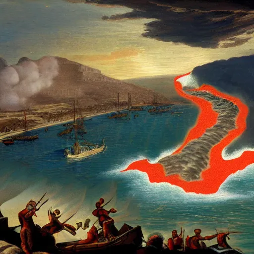 Prompt: Whipping of the Hellespont but with lava instead of water