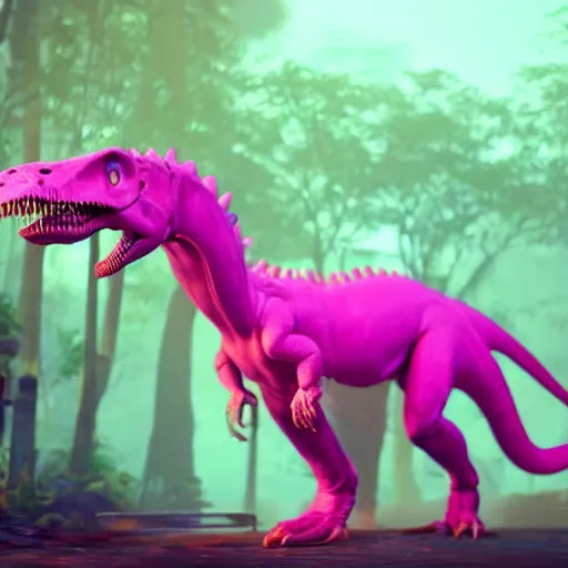 Prompt: unreal engine hyperreallistic render 8k of a bright neon fuschia pink trex tyrannosaurus rex dinosaur in the misty jungle action shot