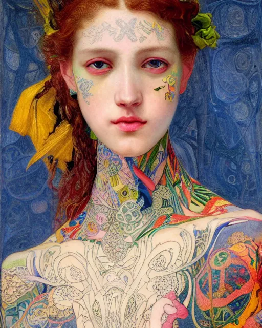 Prompt: a close up of a beautiful girl in a colourful dress with colourful intricate tattoos surrounded by colourful patterns, by edgar maxence and caravaggio and michael whelan and delacroix style, artistic, intricate drawing, light brazen, realistic fantasy, extremely detailed and beautiful aesthetic face, 8 k resolution, dramatic lighting