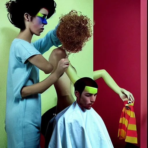 Image similar to a studio close - up portrait of a beautiful fashion model getting an haircut. surreal photograph, lo - fi, polished look, silly and serious, hermes ad, fashion photography, toiletpaper magazine, 3 5 mm photograph, colourful, by pierpaolo ferrari, maurizio cattelan, david lachapelle