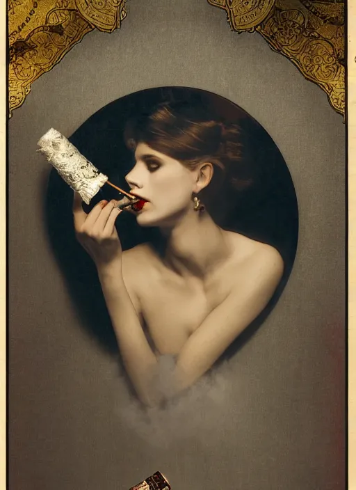 Prompt: a photo of a woman in a dark room wearing lace smoking a cigarette advertisement photography by mucha, candlelight, smoke, mist, extremely coherent, sharp focus, elegant, sharp features, render, octane, detailed, award winning photography, masterpiece, rim lit