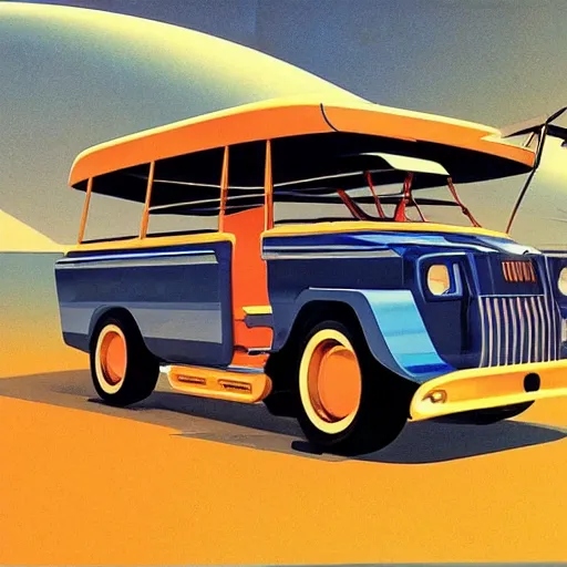 Image similar to retro futuristic jeepney by syd mead